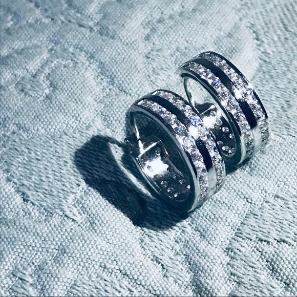 New Silver 2-Row Diamond Round Hoop Earrings - Picture 4 of 8